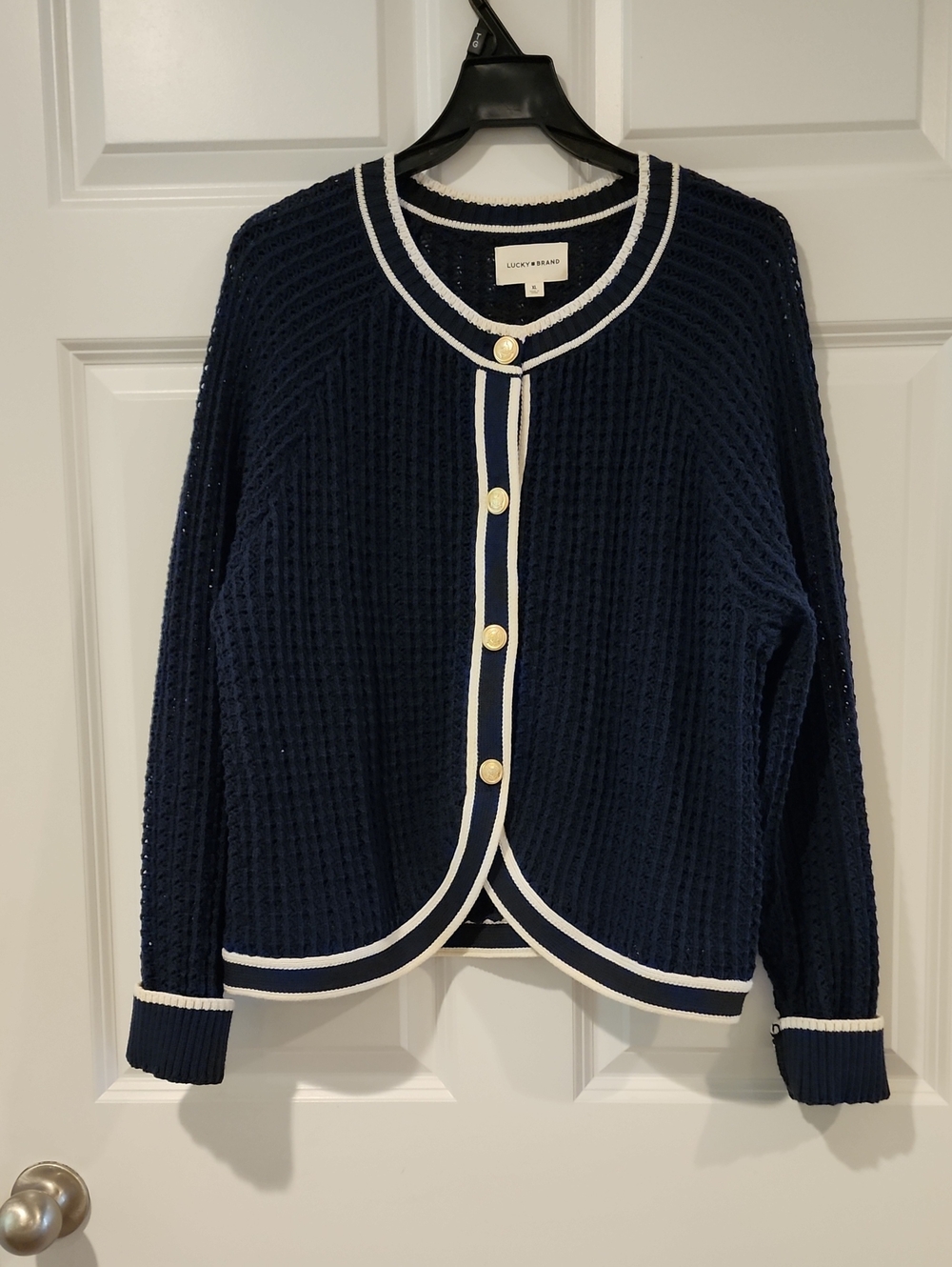 Lucky Brand Navy Cardigan with White Trim and Gold Buttons Sz XL